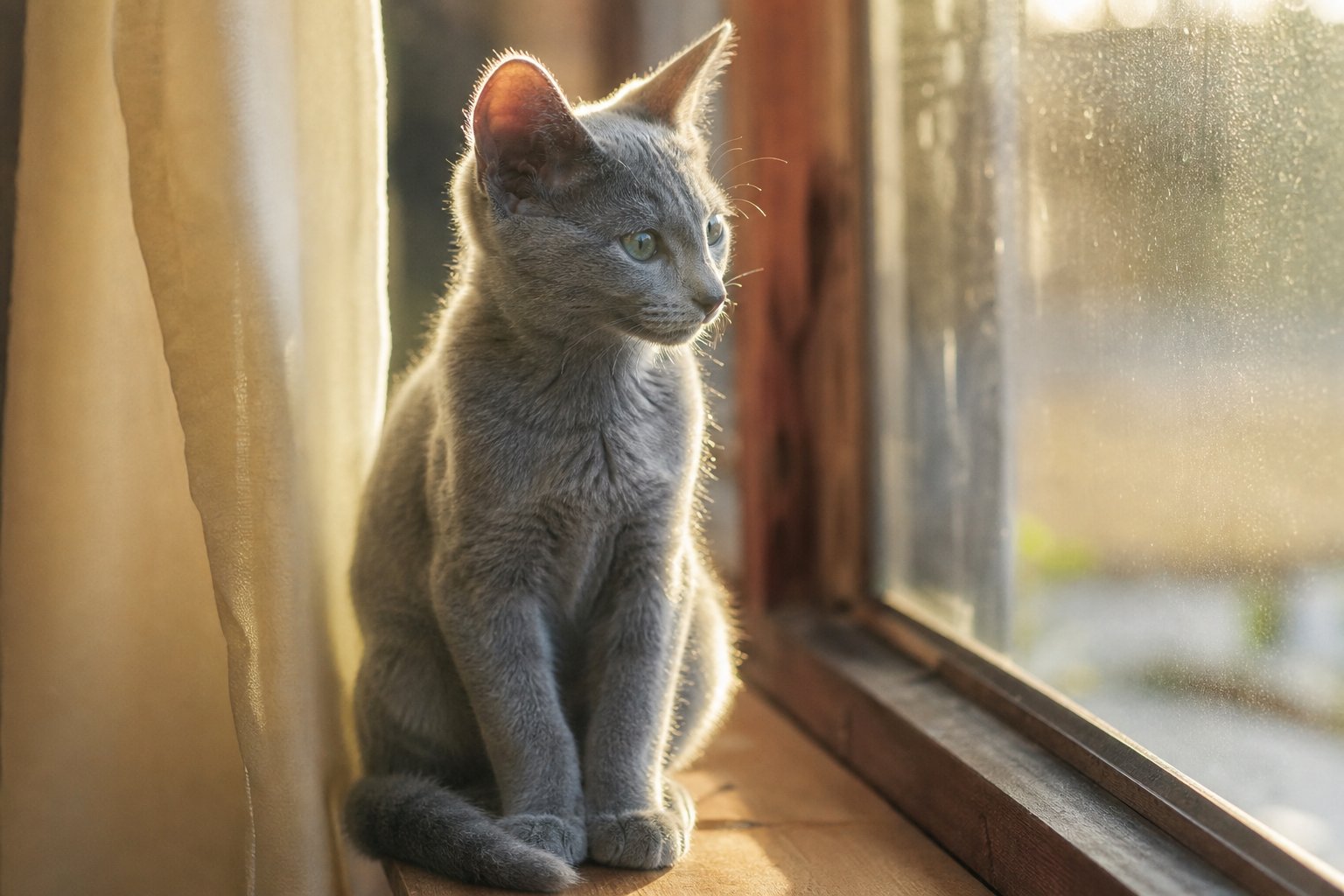 Russian Blue kitten resting by a sunny window